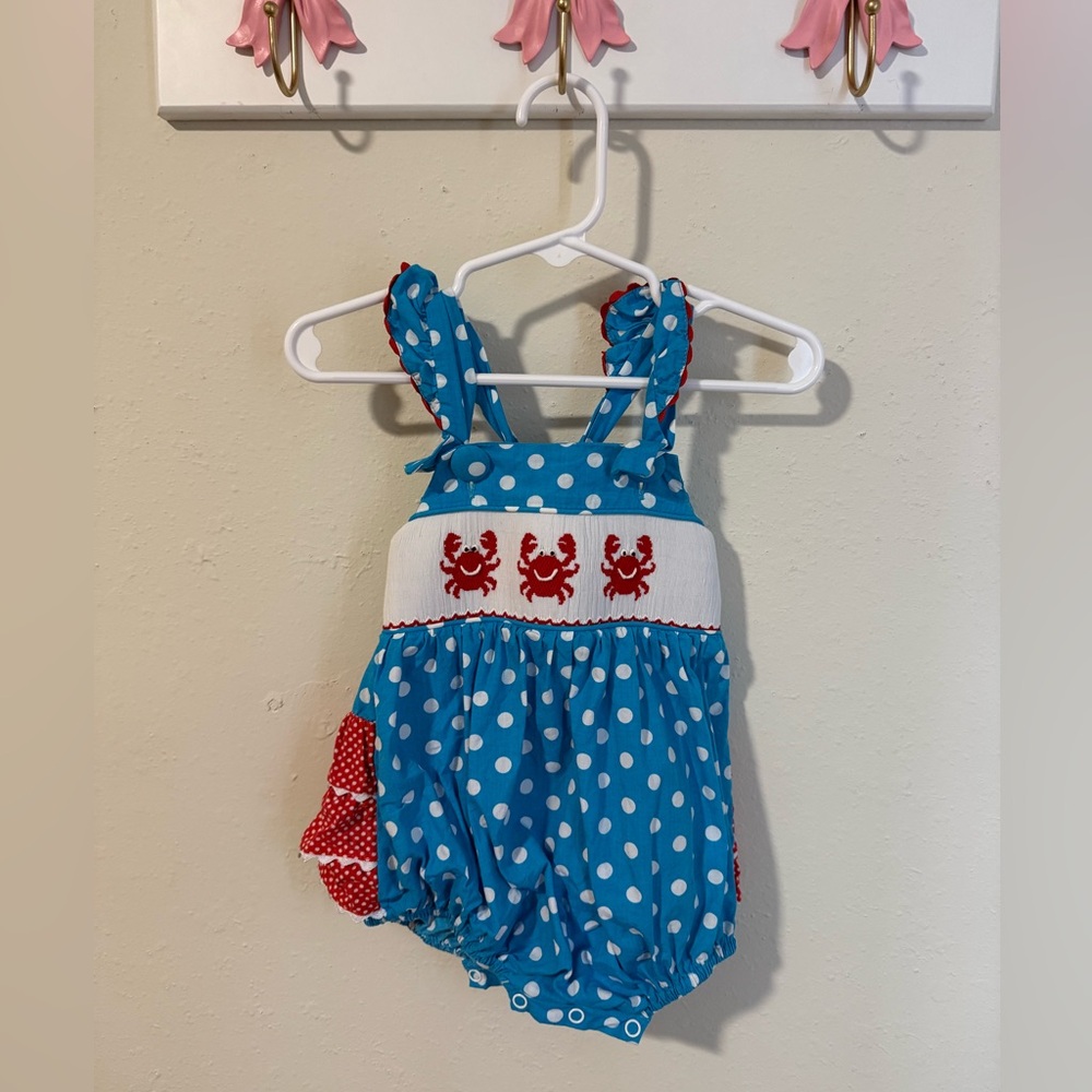 Blue smocked crab romper